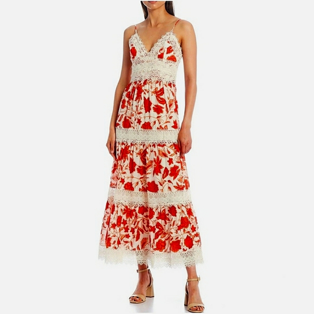 NWT Antonio Melani Maxi dress. Print spaghetti strap. Lace overlays. Size 14.